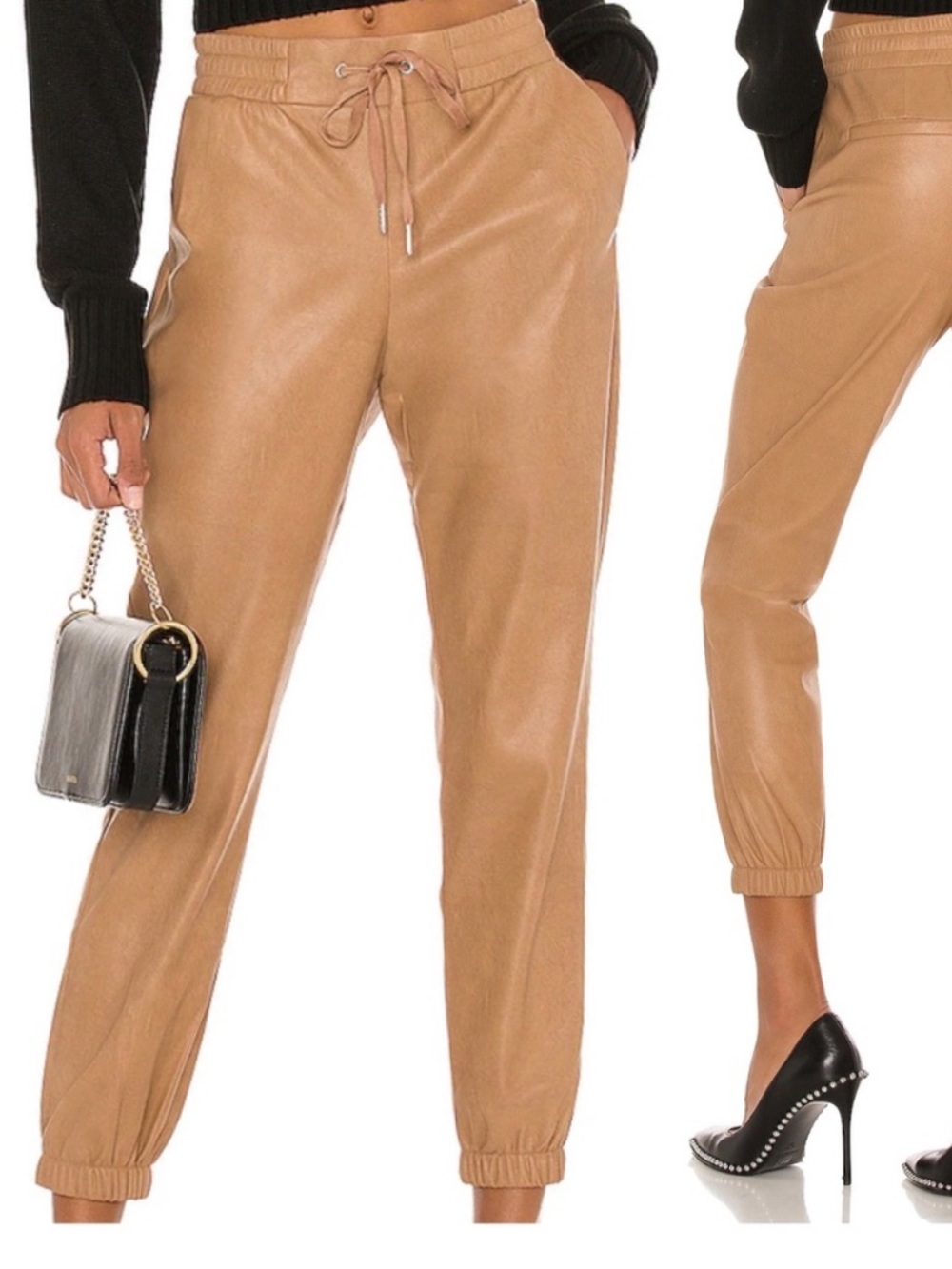 {n:PHILANTHROPY} Scarlett Vegan Leather Joggers, Camel, Size S